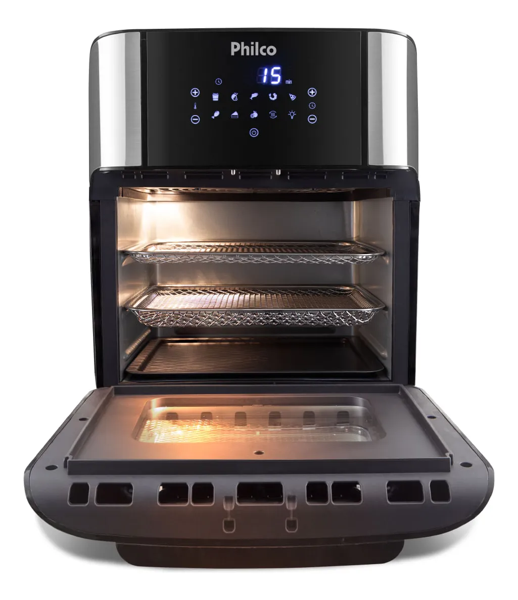 Fritadeira elétrica Air Fryer Oven Philco 12 Litros preta com porta de vidro aberta mostrando duas assadeiras internas
